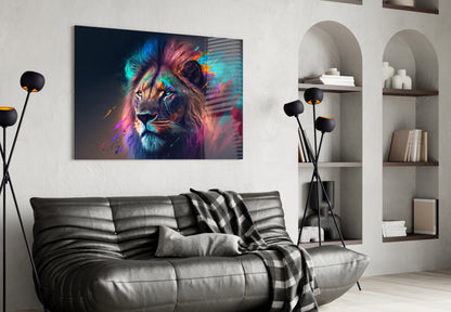 Violet Teal Mist Regal Lion Face Glass Wall Art