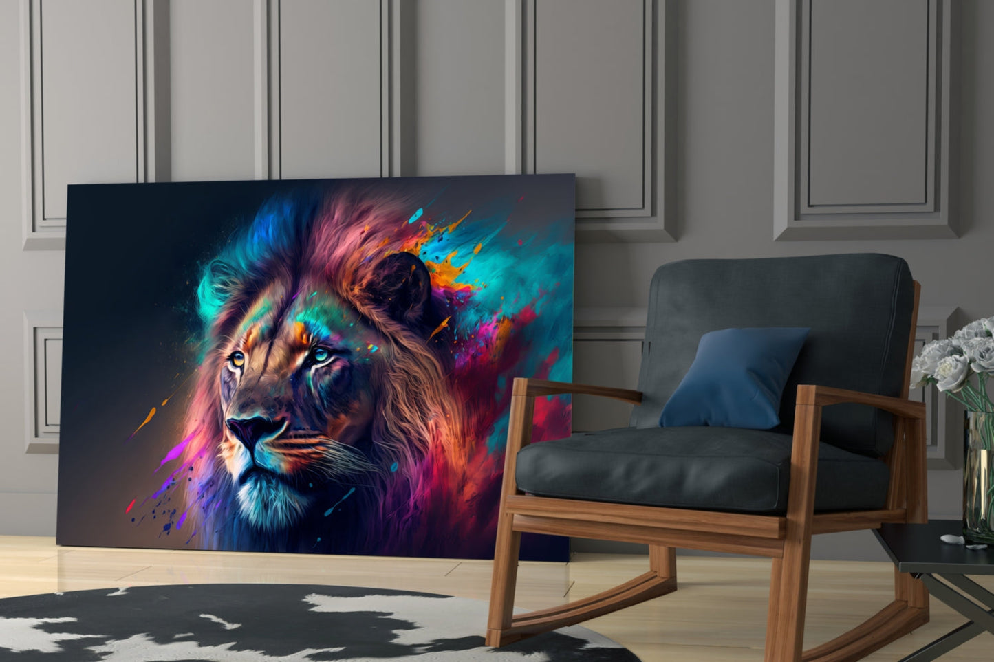 Violet Teal Mist Regal Lion Face Glass Wall Art
