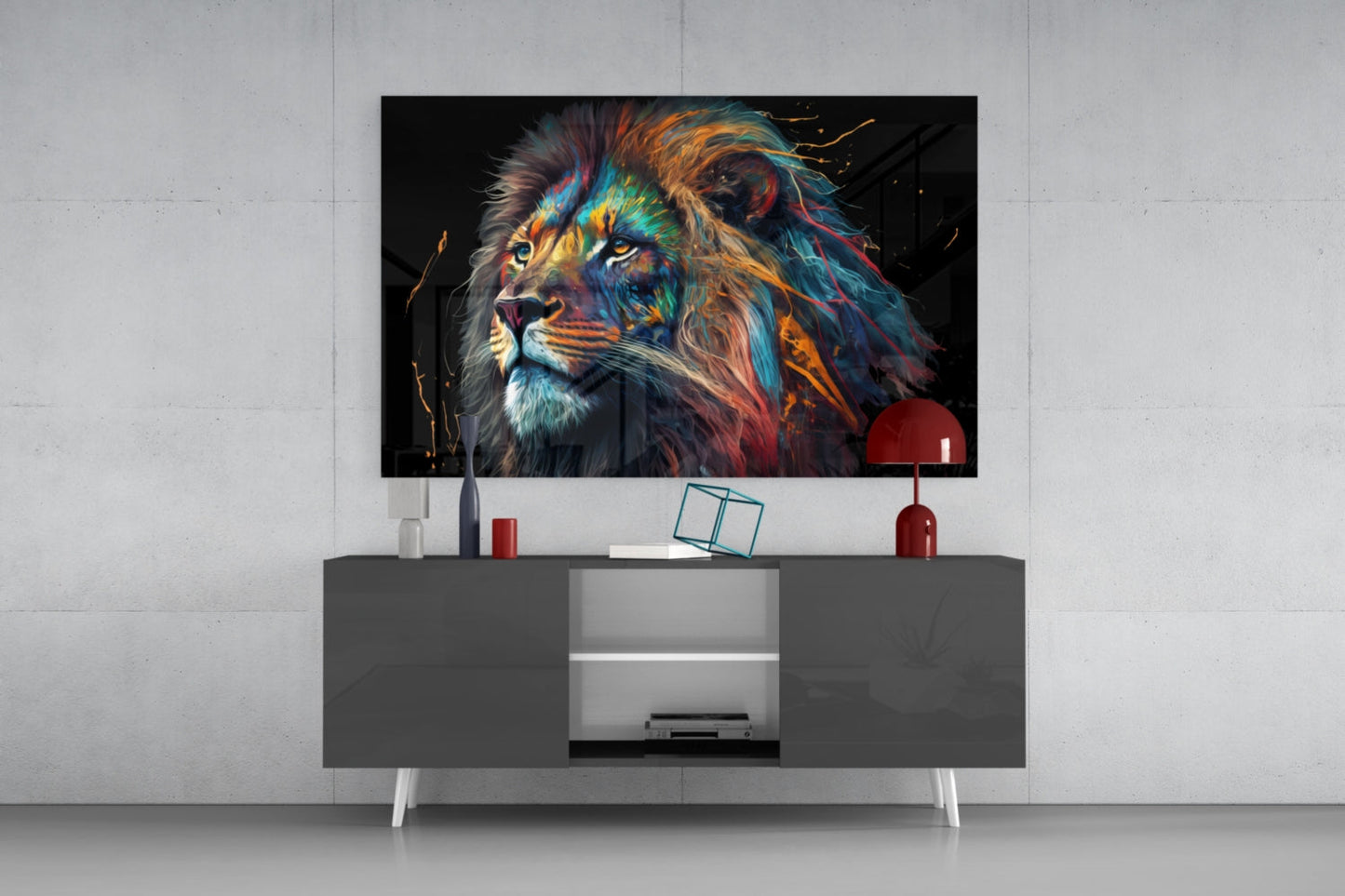 Tall Rainbow Mane Gazing Lion Glass Wall Art