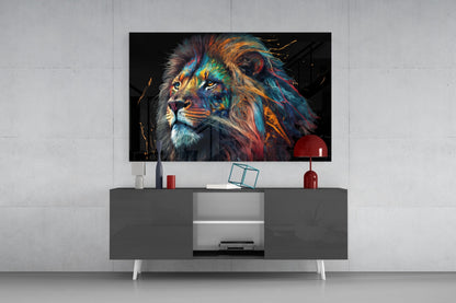 Tall Rainbow Mane Gazing Lion Glass Wall Art