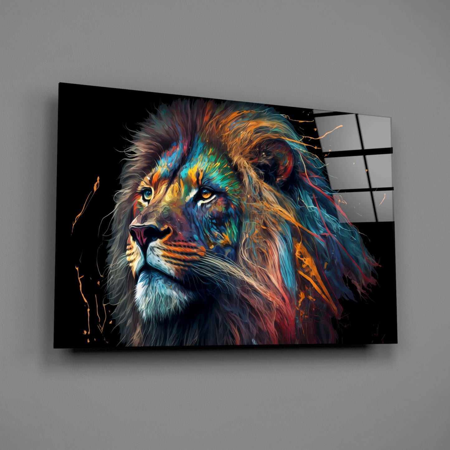 Tall Rainbow Mane Gazing Lion Glass Wall Art