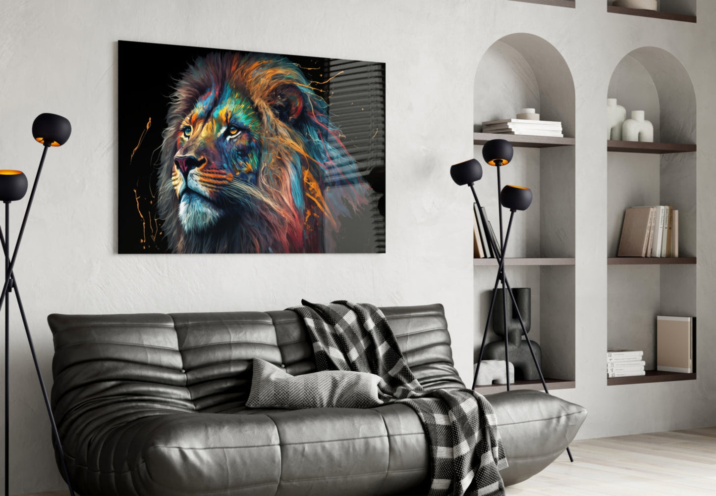 Tall Rainbow Mane Gazing Lion Glass Wall Art