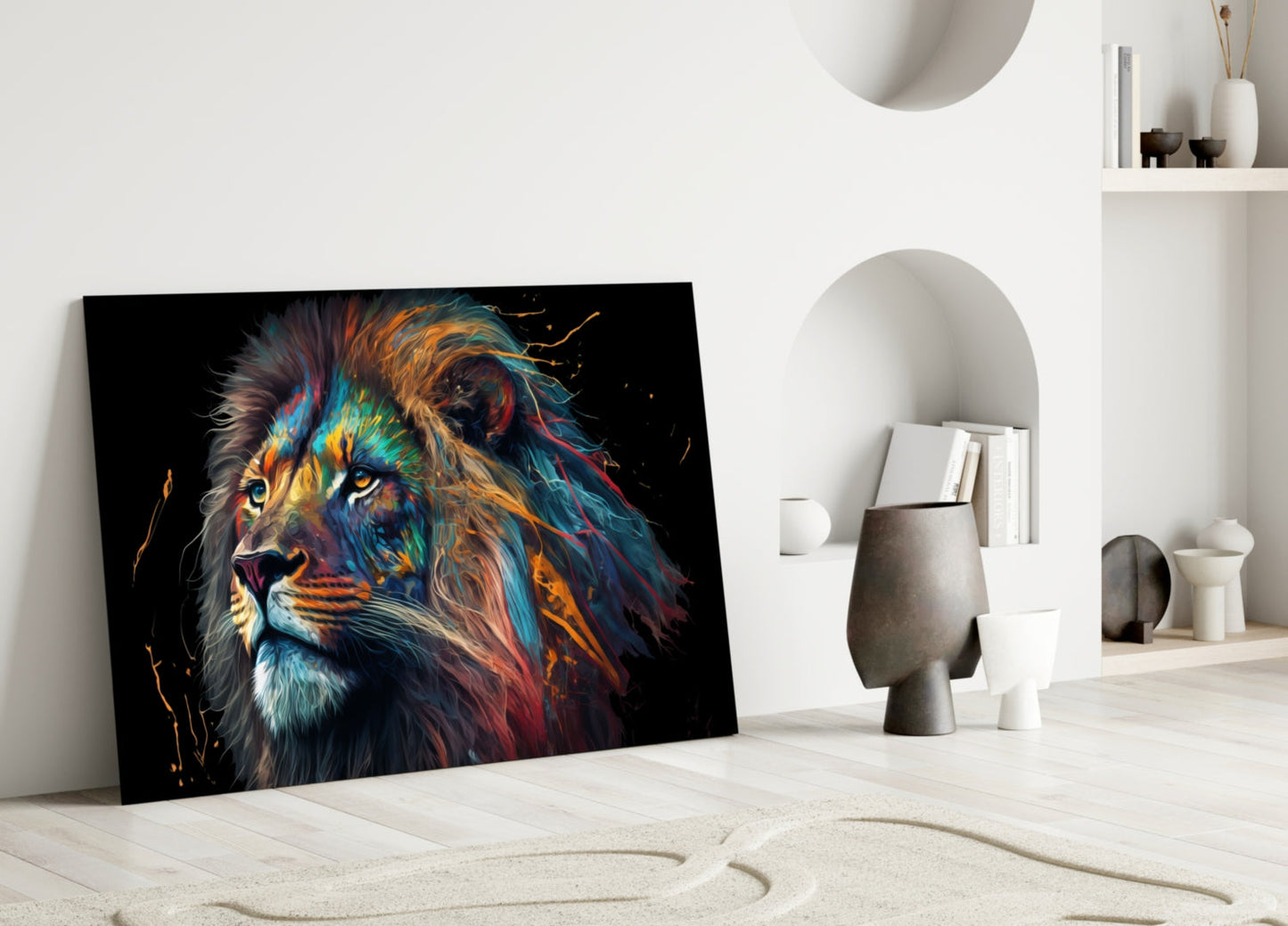 Tall Rainbow Mane Gazing Lion Glass Wall Art