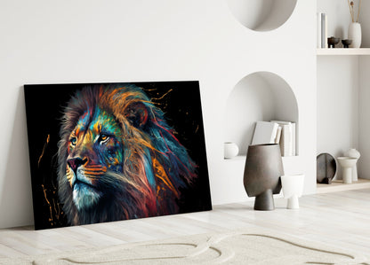 Tall Rainbow Mane Gazing Lion Glass Wall Art