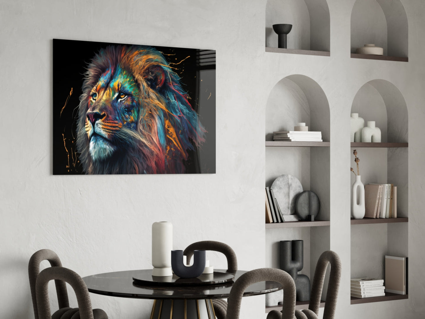 Tall Rainbow Mane Gazing Lion Glass Wall Art