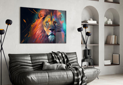 Coral Pink Mane Watchful Lion Glass Wall Art