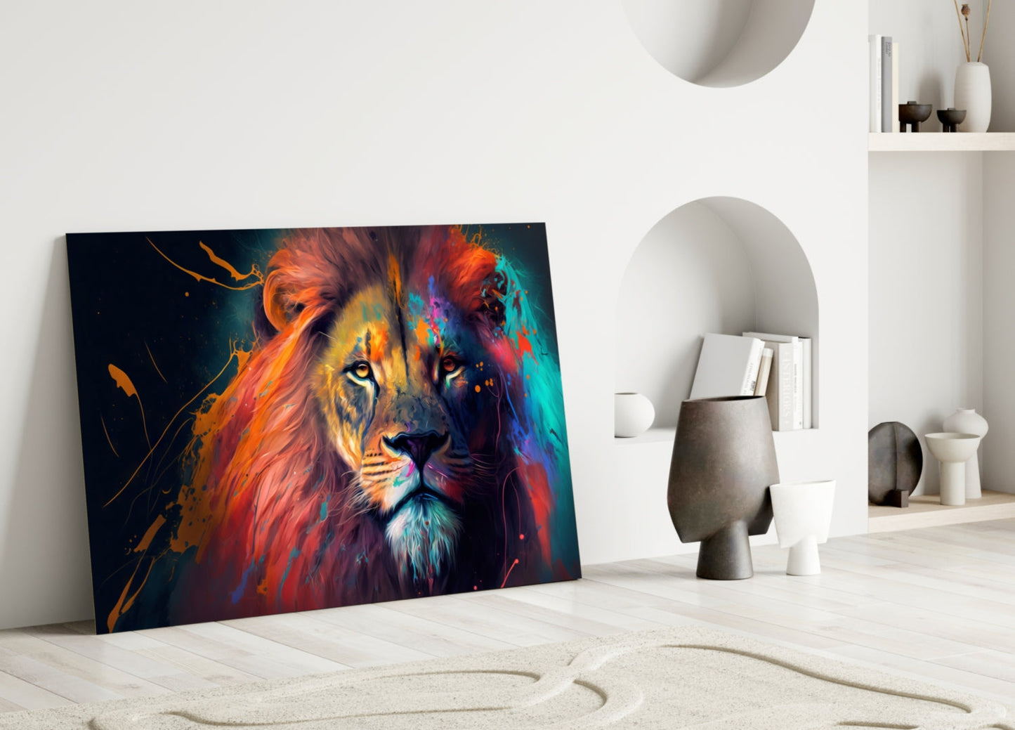 Coral Pink Mane Watchful Lion Glass Wall Art