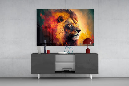 Ember Red Yellow Mane Lion Profile Glass Wall Art
