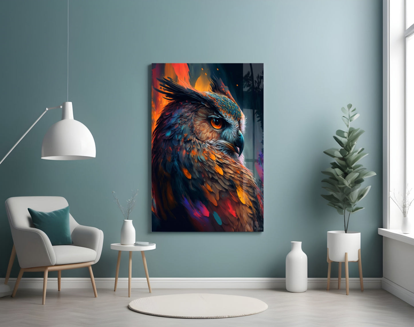 Teal and Orange Owl Side Profile Glass Wall Art