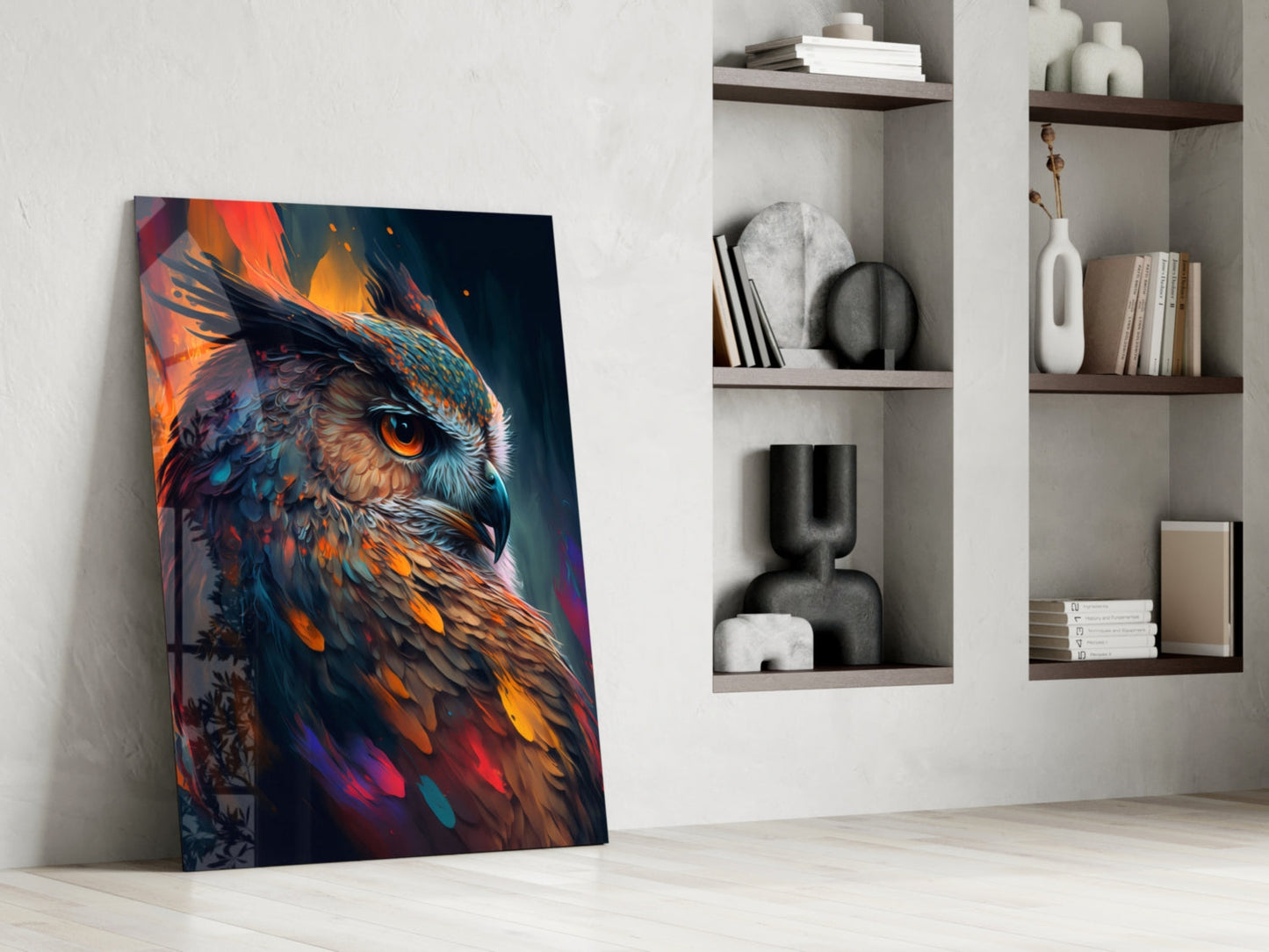 Teal and Orange Owl Side Profile Glass Wall Art