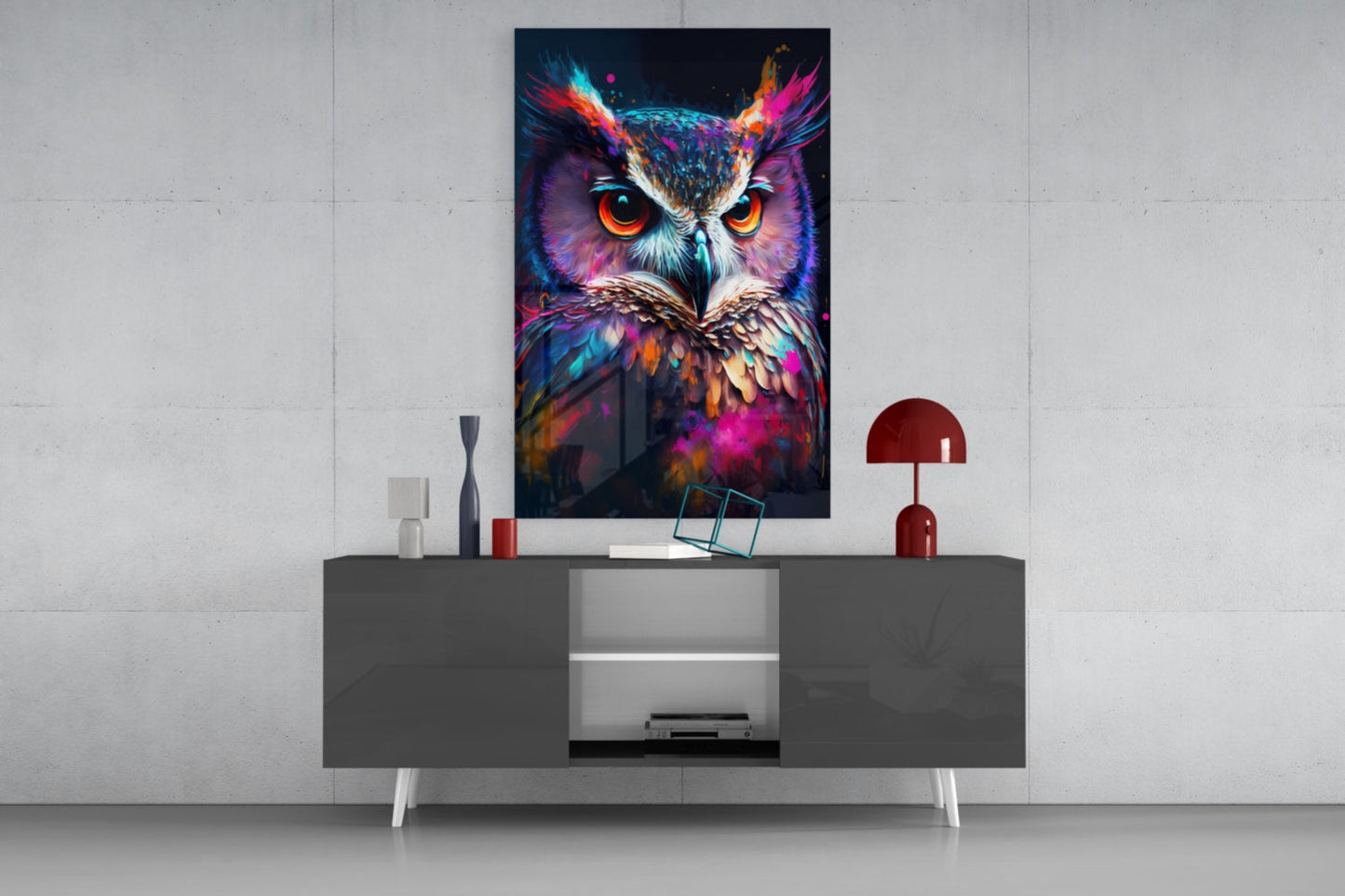 Neon Purple Feathered Owl Face Glass Wall Art