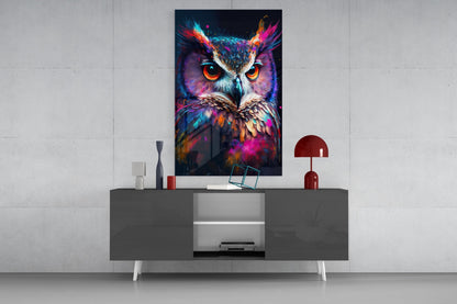 Neon Purple Feathered Owl Face Glass Wall Art