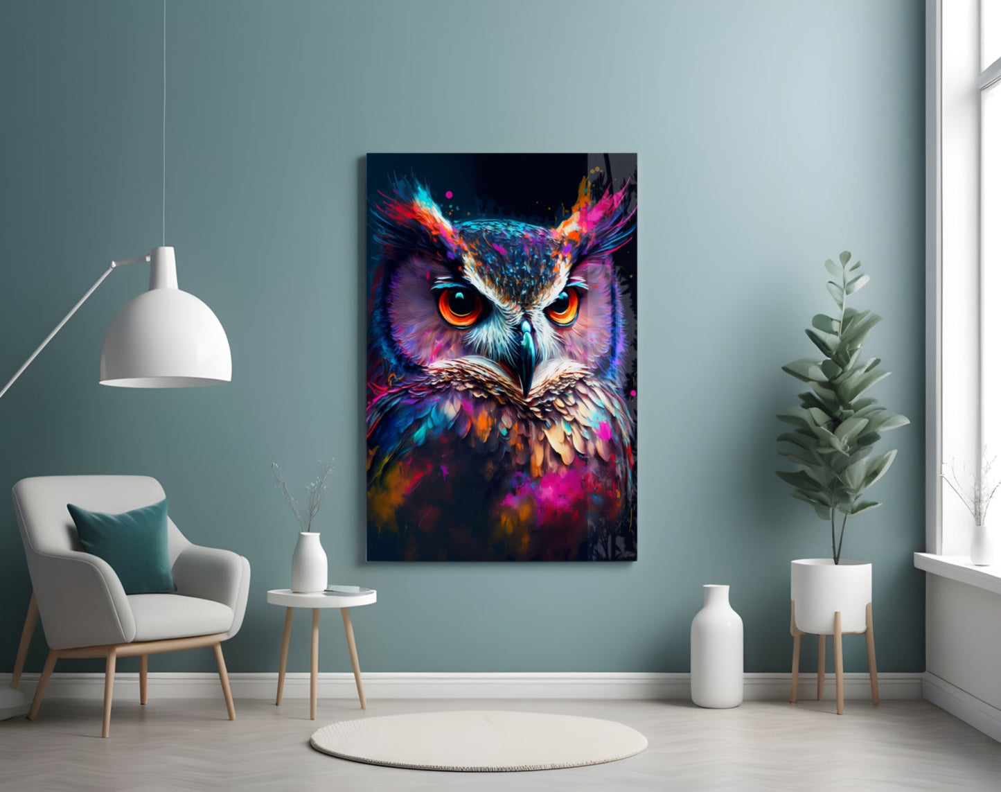 Neon Purple Feathered Owl Face Glass Wall Art