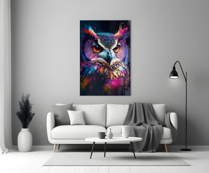 Neon Purple Feathered Owl Face Glass Wall Art