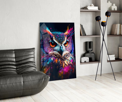 Neon Purple Feathered Owl Face Glass Wall Art