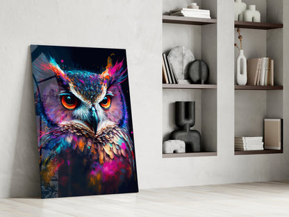 Neon Purple Feathered Owl Face Glass Wall Art
