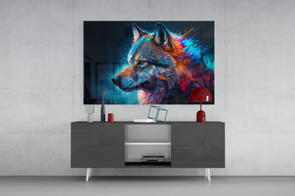 Colorful wolf portrait glass art displayed on dark TV stand with red lamp and decorative objects in modern living room setting.