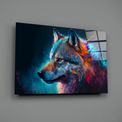 Angled front view of glass wall art featuring a colorful wolf portrait with vibrant blue, orange, and purple brushstroke effects against dark background.