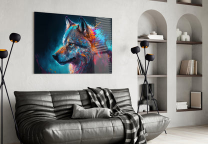 Colorful wolf portrait glass art displayed above gray leather sofa in modern living room with shelving.