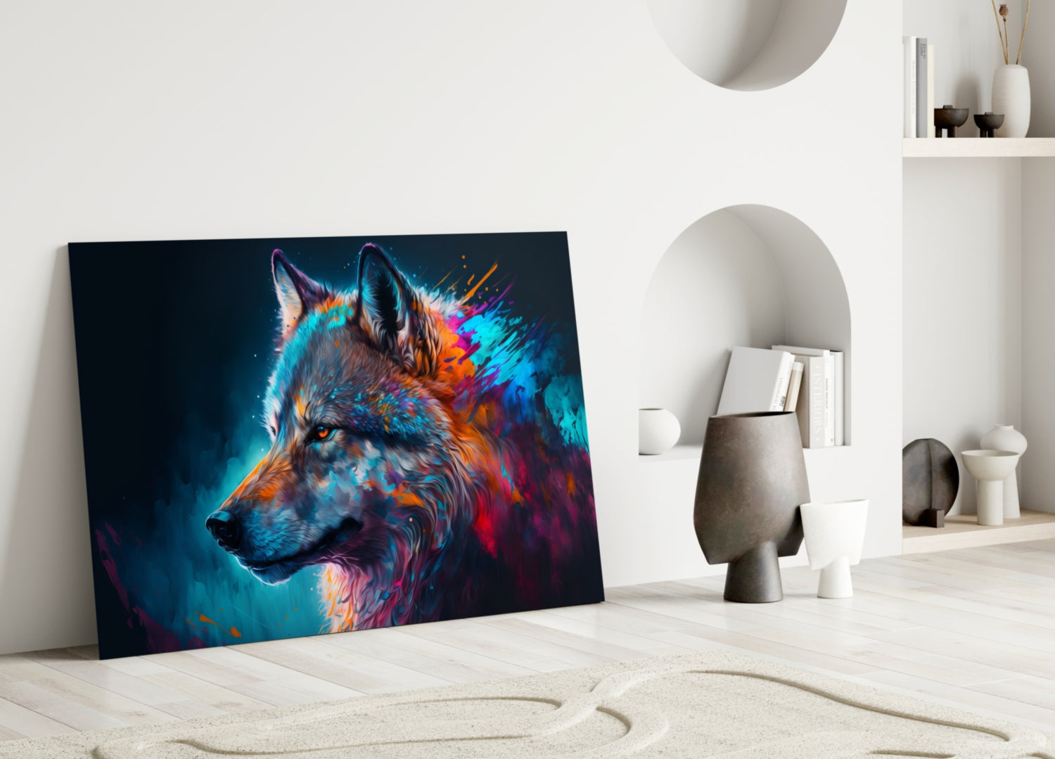 Colorful abstract wolf portrait glass art leaning against white wall in minimalist interior setting.