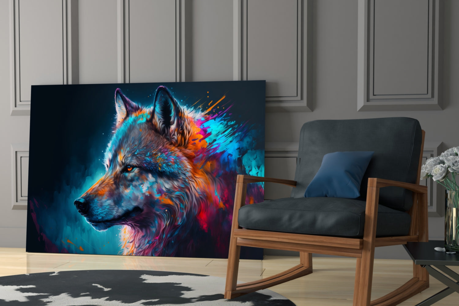 Colorful abstract wolf portrait glass art displayed in modern living room beside wooden chair and paneled wall.
