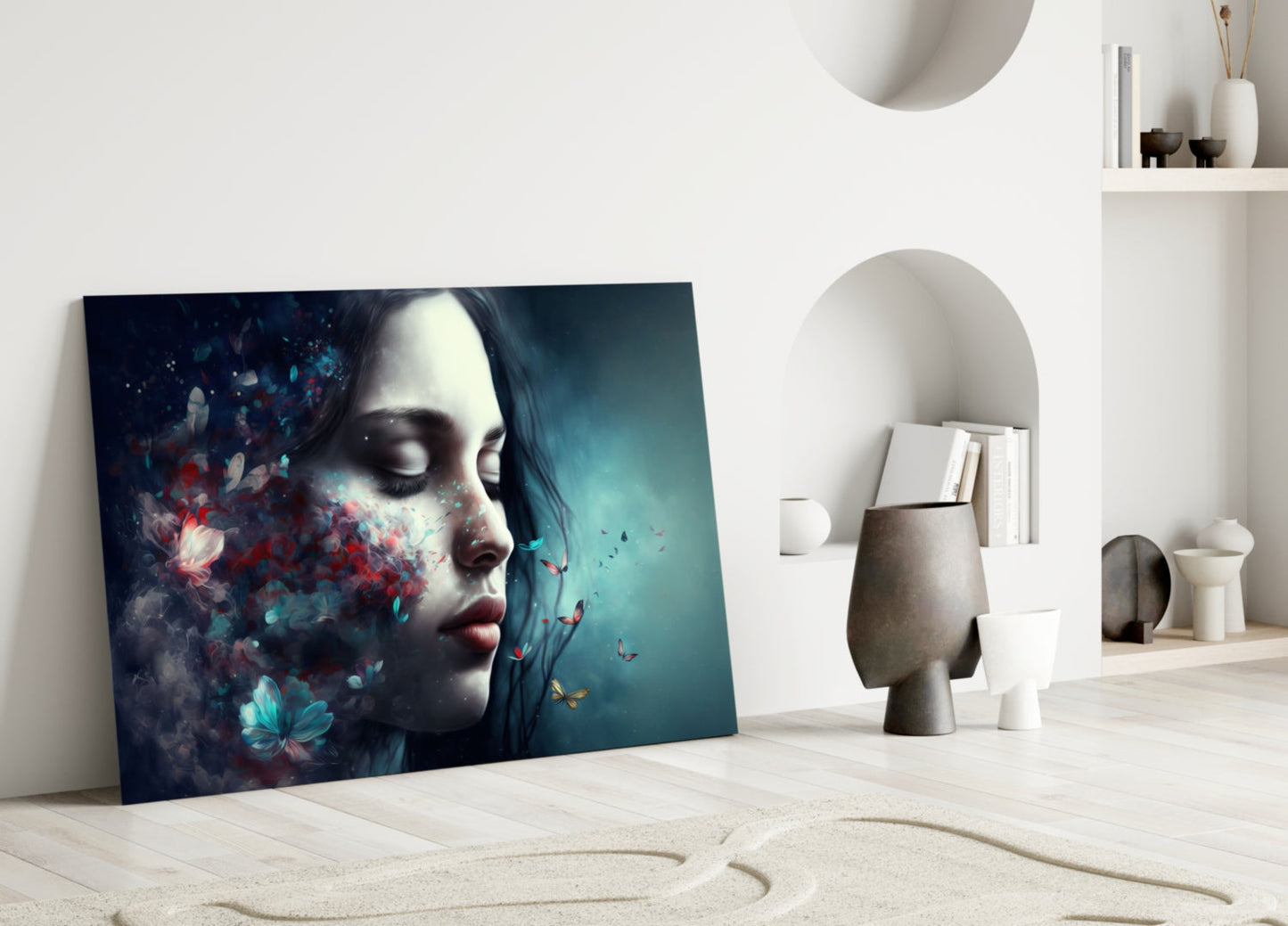 Glass wall art leaning against white wall displays woman's profile with blue and red butterfly dissolving effect on teal background.
