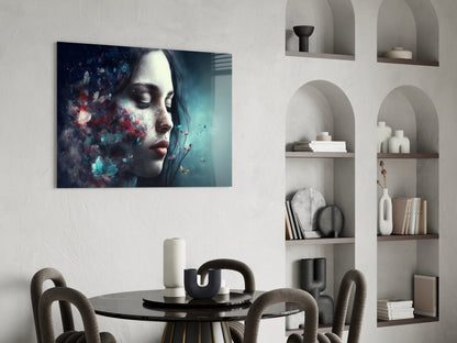 Glass wall art featuring a woman's face with colorful dispersing particles in teal and red tones, displayed above a dining table.