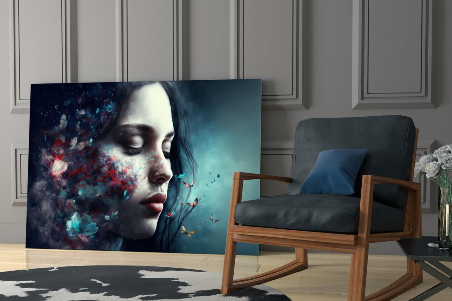 Glass wall art displaying a woman's profile with closed eyes, surrounded by red and turquoise butterflies and flowers against a teal background, displayed in a modern living room.