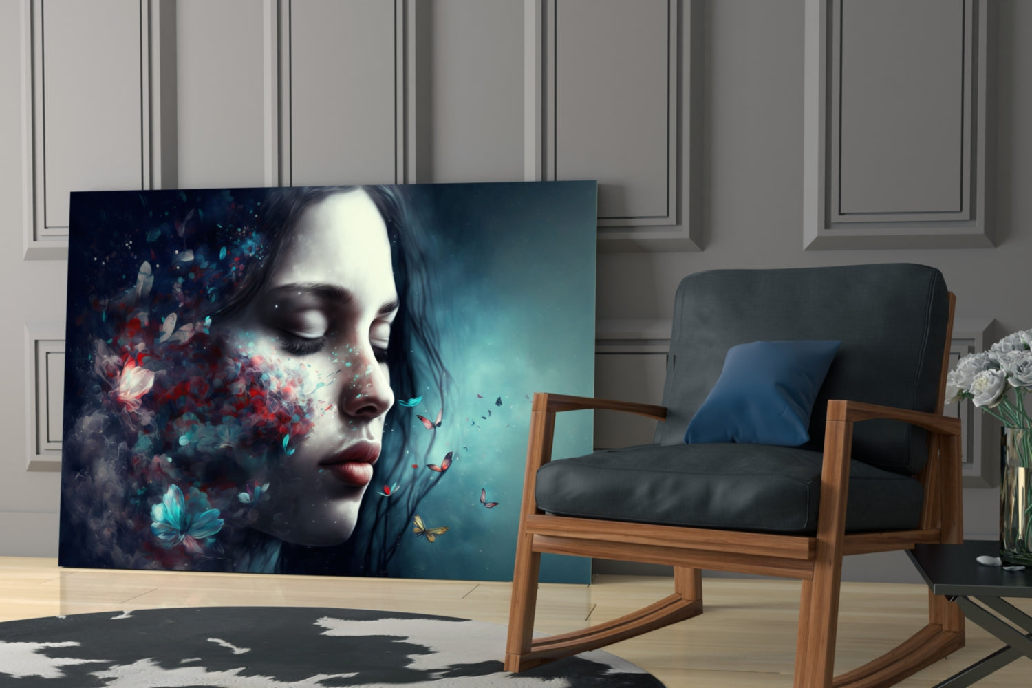 Glass wall art displaying a woman's profile with closed eyes, surrounded by red and turquoise butterflies and flowers against a teal background, displayed in a modern living room.