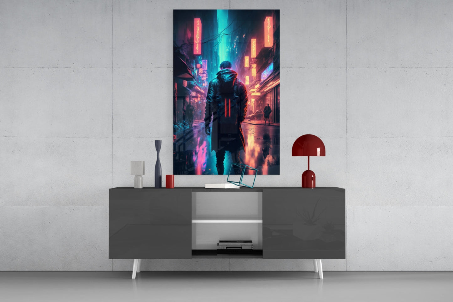 Cyberpunk glass wall art depicting a neon-lit figure in a futuristic city street, displayed above a modern console table with red accents.