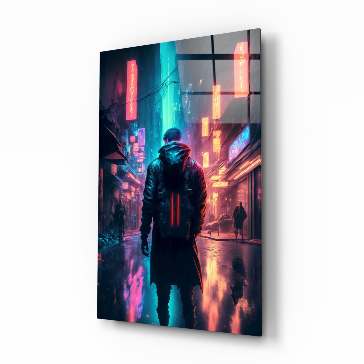 Angled view of glass wall art showing a hooded figure in a neon-lit cyberpunk street scene with glowing red, cyan, and orange signs.