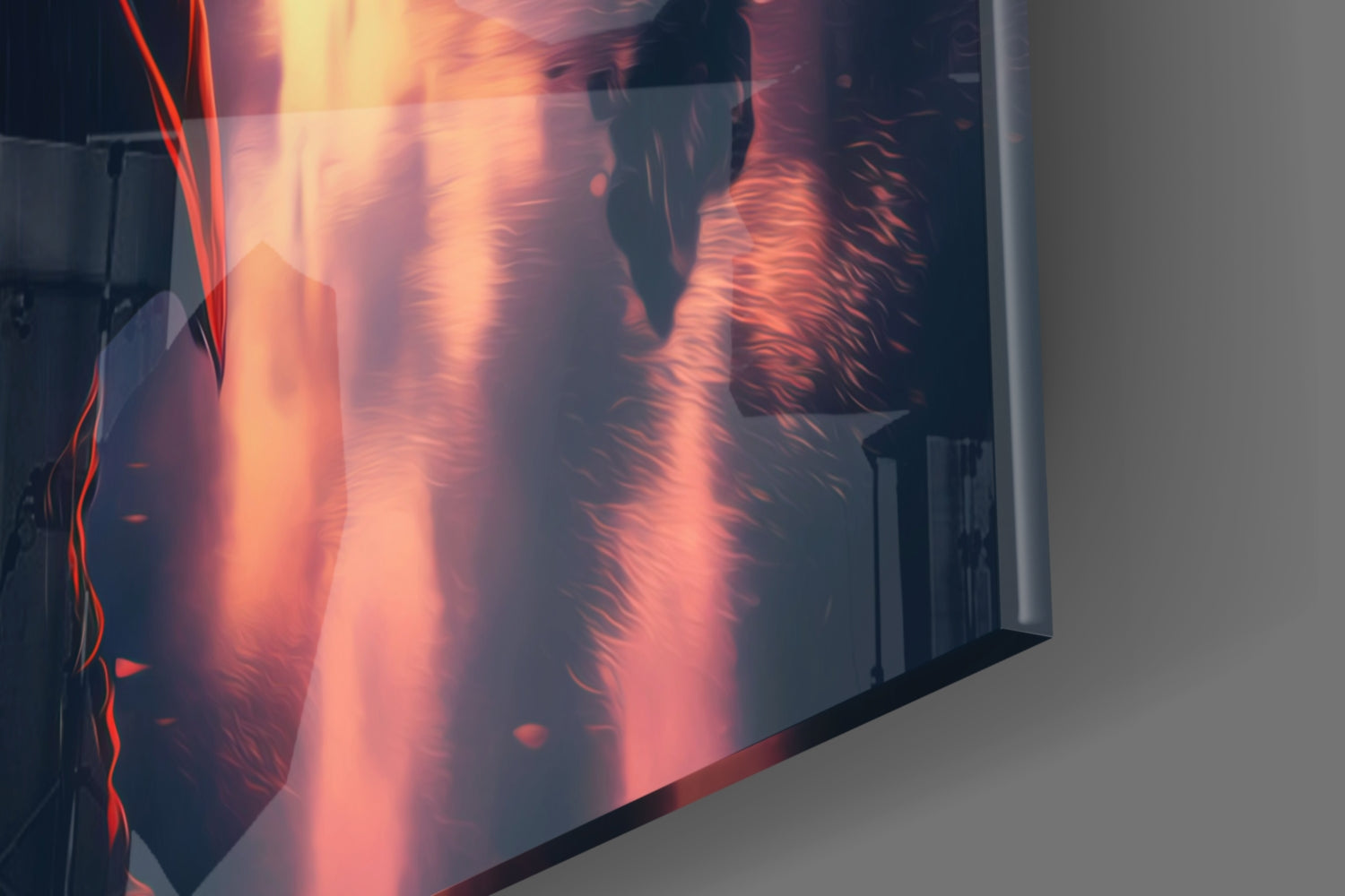 Close-up angled view of glass wall art displaying vibrant red and orange flame-like digital patterns with glowing light effects against dark background.