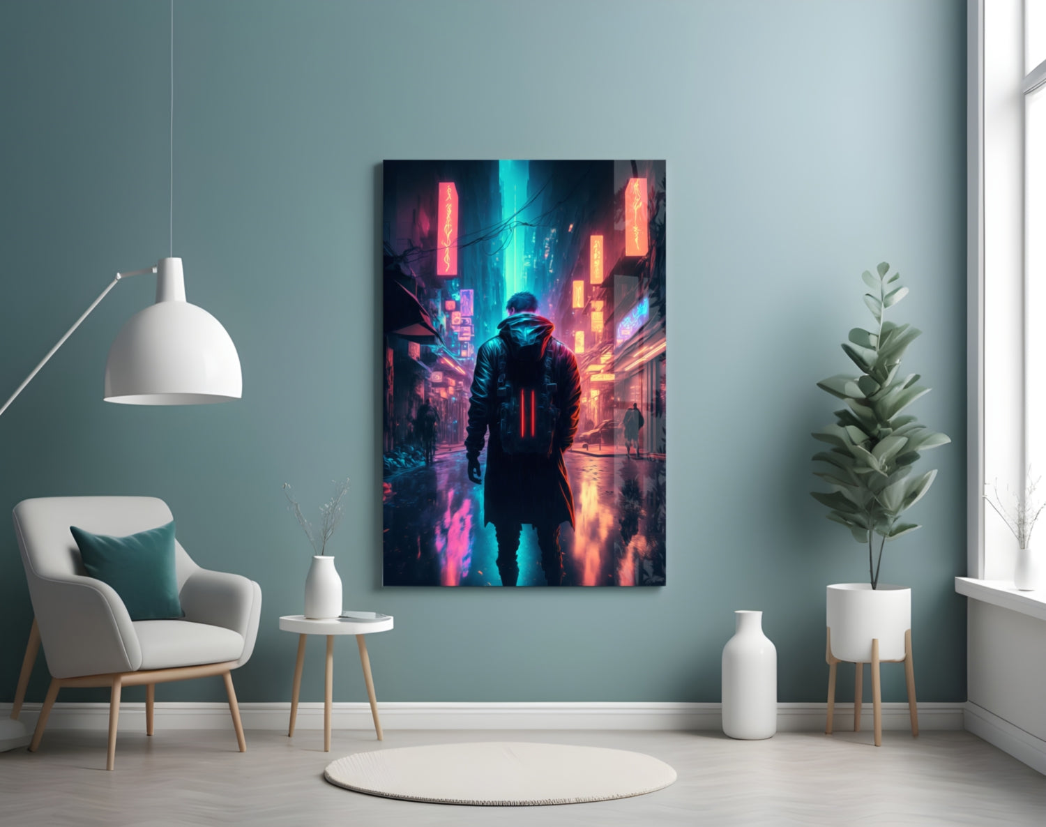 Cyberpunk glass wall art depicting a hooded figure in neon-lit street scene with red and blue glowing signs, displayed in modern living room setting.