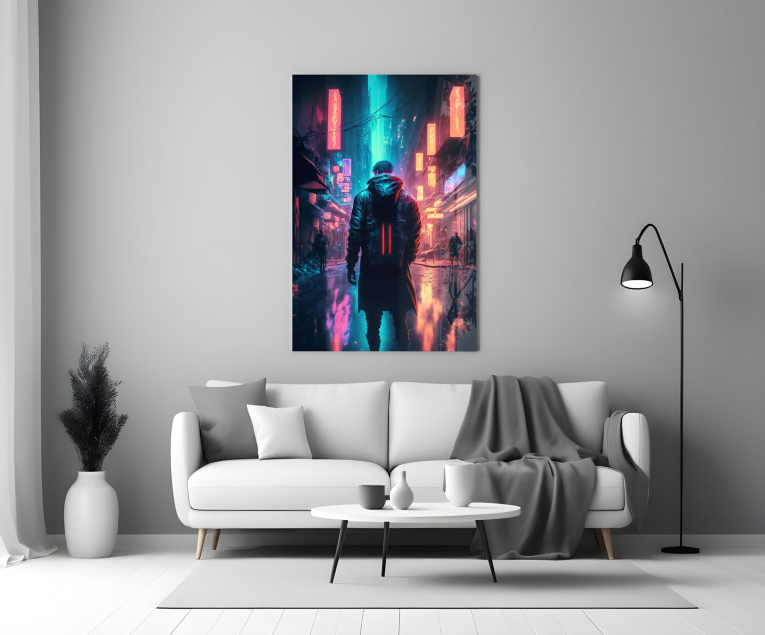 Cyberpunk glass wall art depicting a hooded figure in a neon-lit futuristic street scene with pink and cyan lighting, displayed above a white sofa in a modern living room.