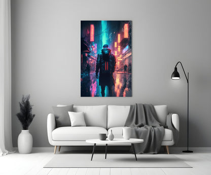 Cyberpunk glass wall art depicting a hooded figure in a neon-lit futuristic street scene with pink and cyan lighting, displayed above a white sofa in a modern living room.