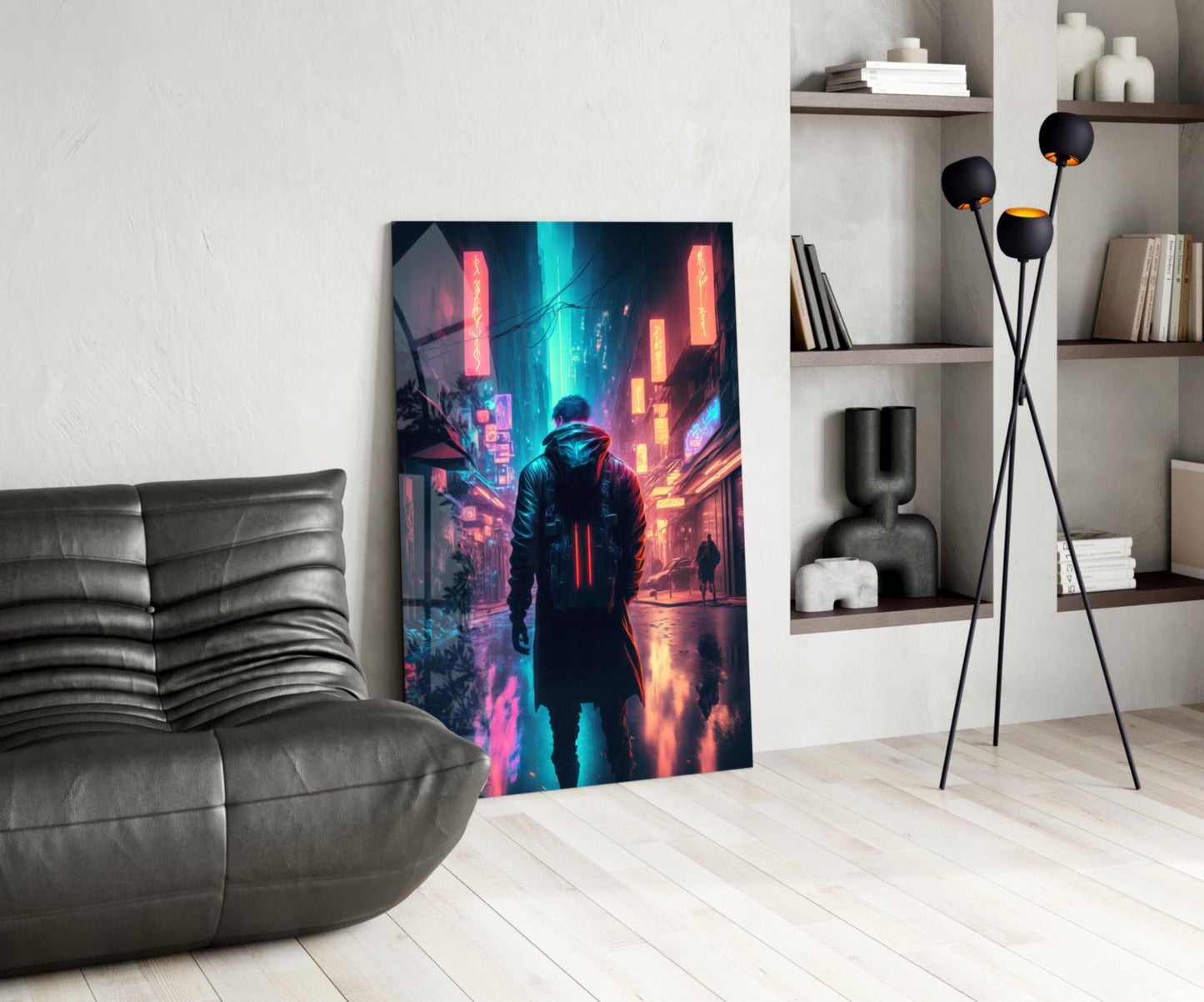 Cyberpunk glass wall art leaning against white wall in modern living room with gray sofa and shelving unit.