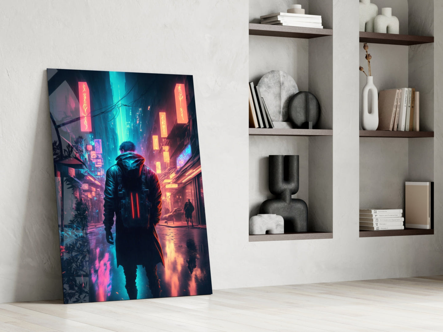 Cyberpunk glass wall art leaning against white wall displaying neon-lit figure in futuristic city street with pink and cyan lighting.