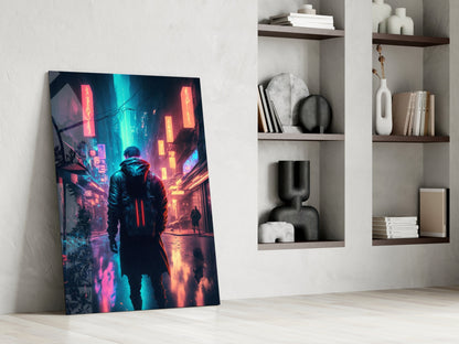 Cyberpunk glass wall art leaning against white wall displaying neon-lit figure in futuristic city street with pink and cyan lighting.