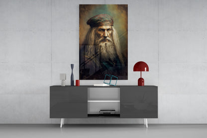 Leonardo da Vinci portrait glass wall art displayed above gray console table with white legs and red decorative accessories.