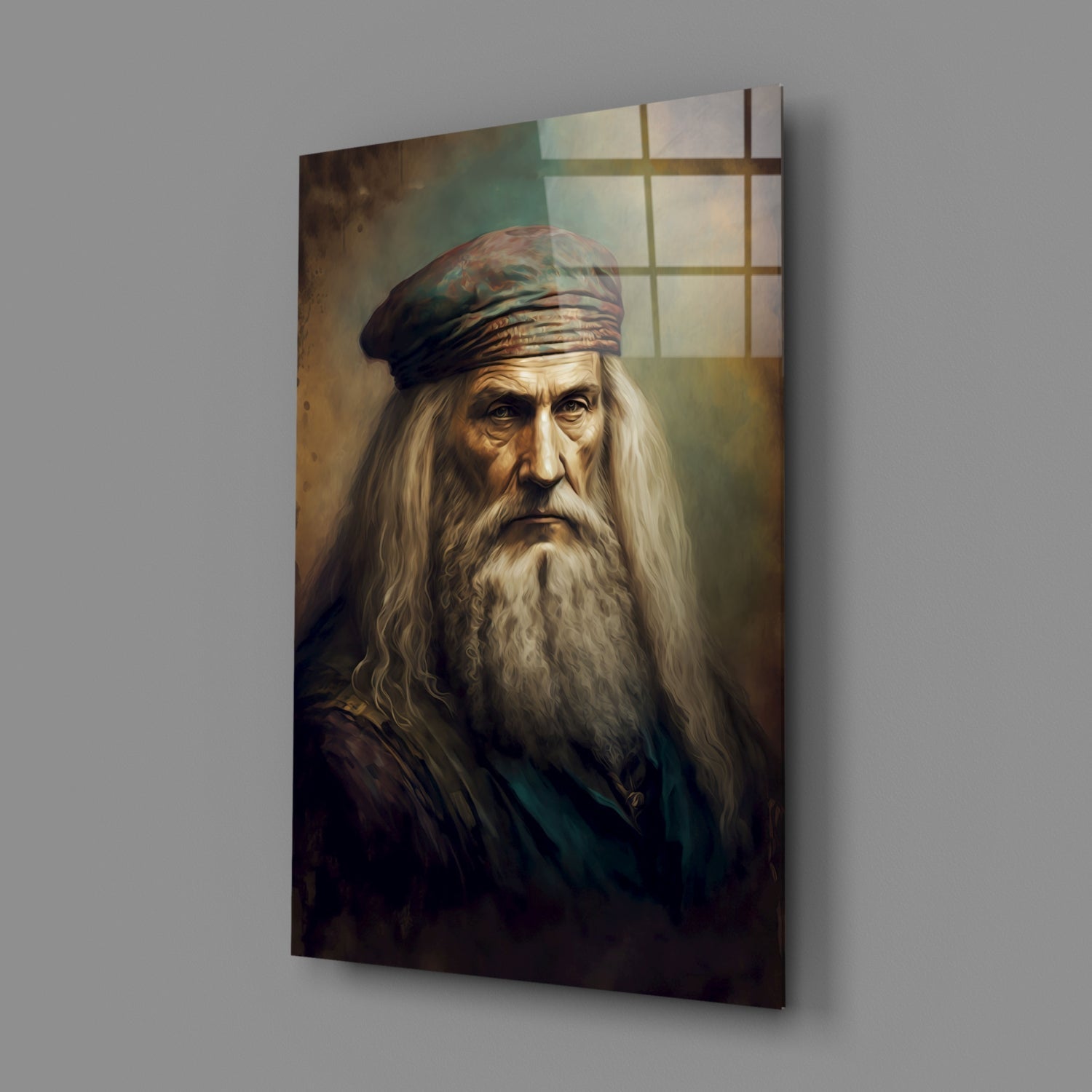 Glass wall art panel displaying a portrait of an elderly bearded man wearing a burgundy headwrap against a muted green and brown background with window panes.