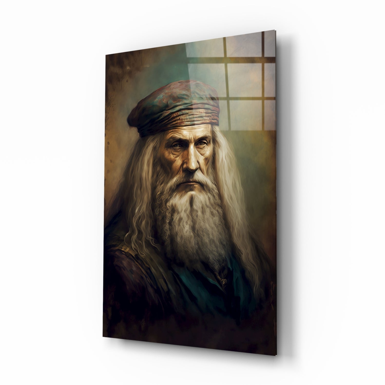 Portrait of an elderly bearded man wearing a burgundy headwrap, displayed as a glass wall panel with warm, muted tones.