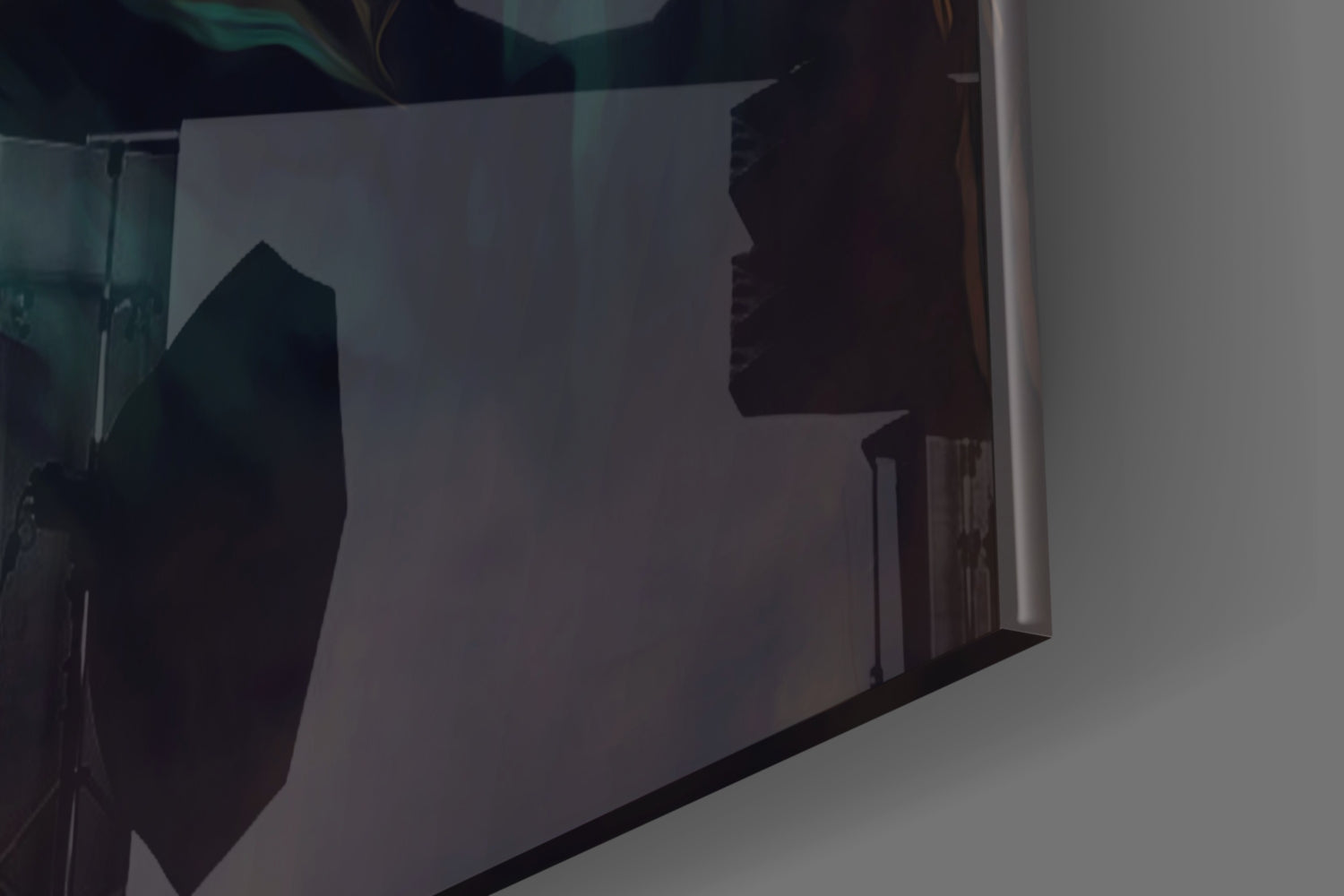Silhouette of Leonardo da Vinci's profile printed on translucent glass panel with warm lighting from behind.