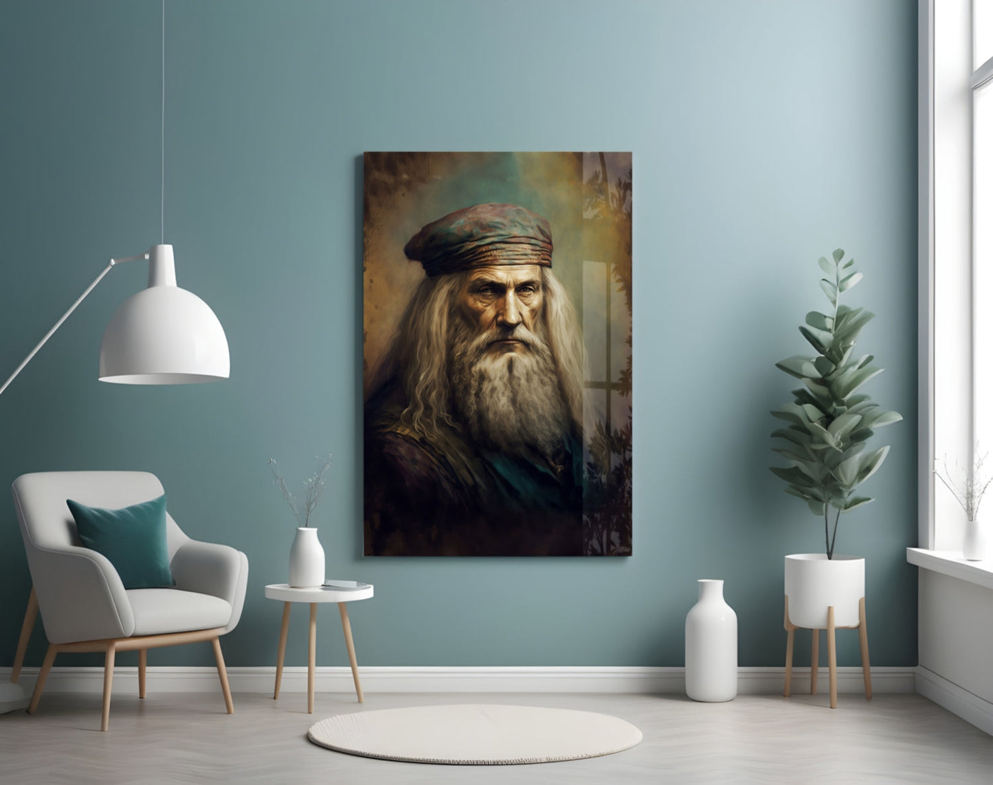 Glass wall art depicting Leonardo da Vinci portrait with long beard and cap, displayed in minimalist room with teal walls and white furniture.