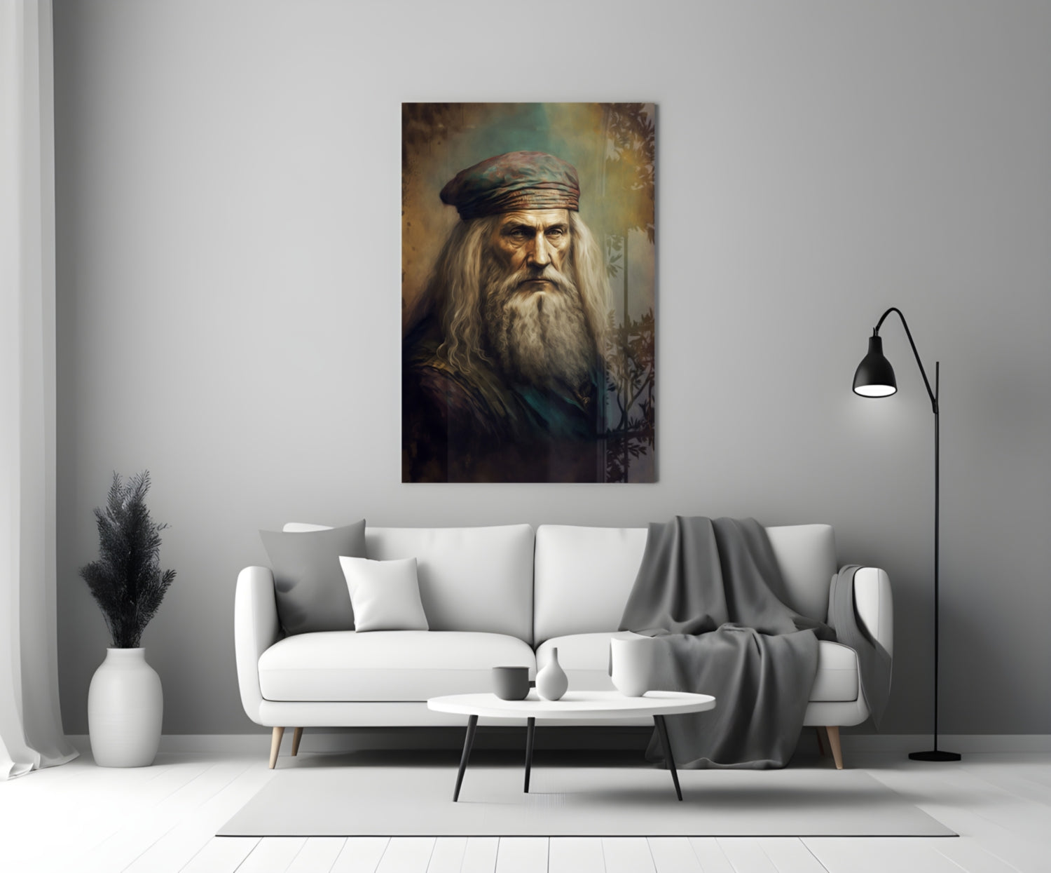 Glass wall art depicting Leonardo da Vinci portrait with long beard and headwrap displayed above white sofa in modern living room interior.