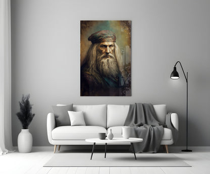 Glass wall art depicting Leonardo da Vinci portrait with long beard and headwrap displayed above white sofa in modern living room interior.