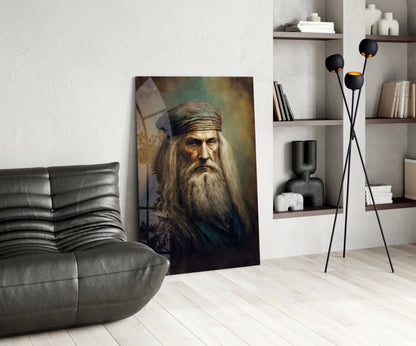 Leonardo da Vinci portrait glass art leaning against white wall in modern living room with gray sofa and shelving.