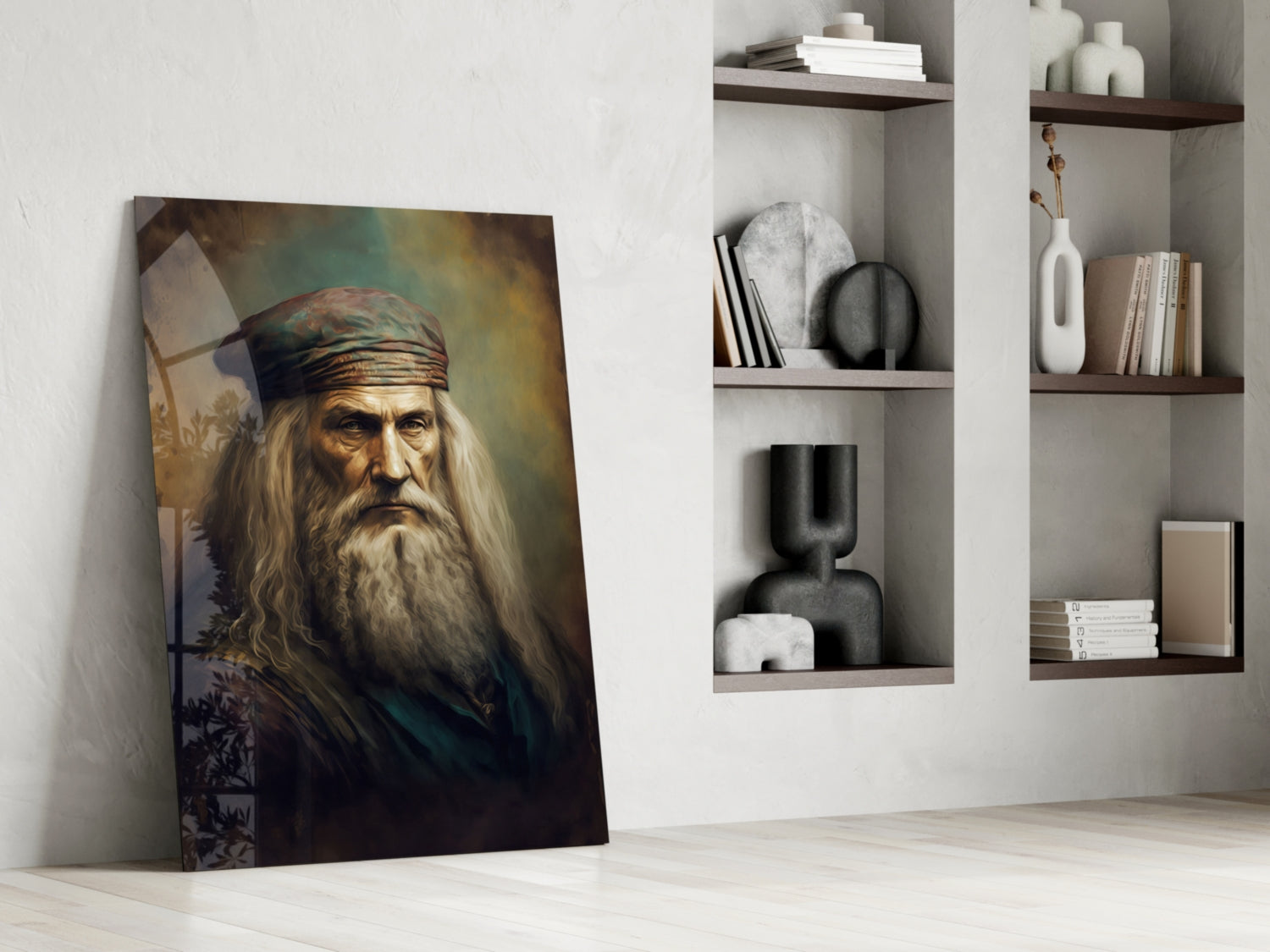 Leonardo da Vinci glass wall art leaning against white wall beside shelving unit displaying decorative objects and books.