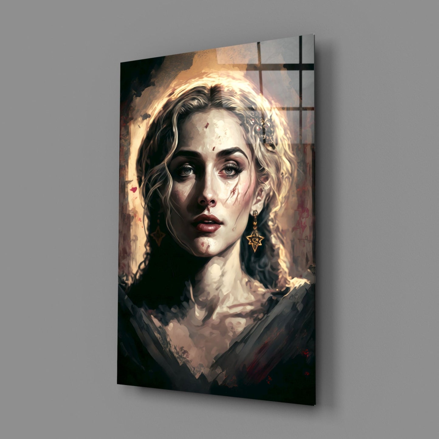 Glass wall art panel displaying a portrait of a woman with wavy blonde hair, gold star earring, and dramatic lighting against a dark background.