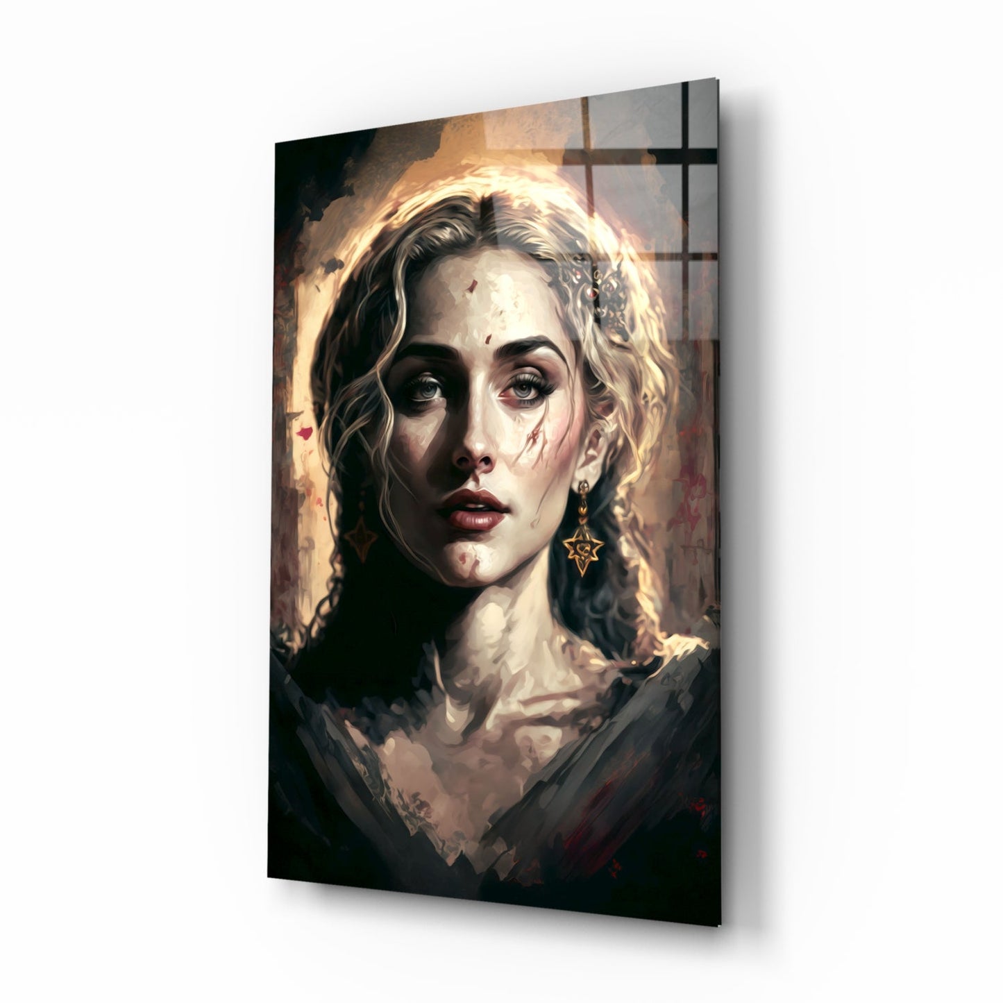Glass wall art panel displaying portrait of blonde woman with gold halo and star earring against warm-toned background.