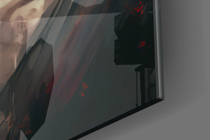 Close-up angled view of Madonna glass wall art showing silhouetted profile with red musical notes on dark translucent glass.